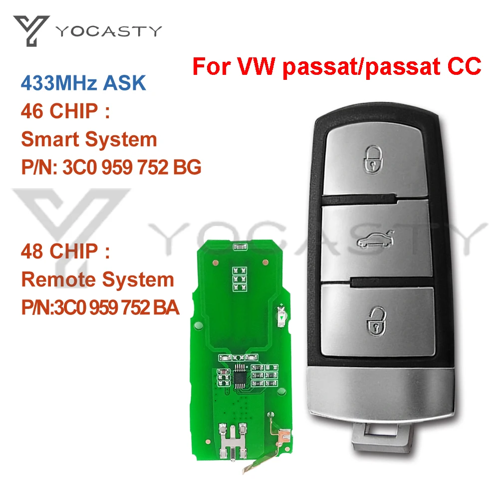 3 Button 433MHz ID46/ID48 Chip Smart Remote Car Key 2004-2015 VW Passat B6 3C B7 Magotan CC 3C0959752BG for YOCASTY 3C0959752BA car remote key car key