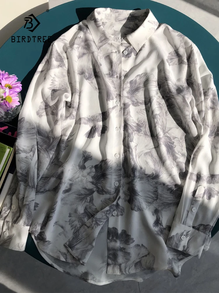 

Birdtree 16.7MM 100%Mulberry Silk Misty Ink Printed Shirt Women Sand Washed Long Sleeved Basic Shirt 2024 Spring New T3D7104QC