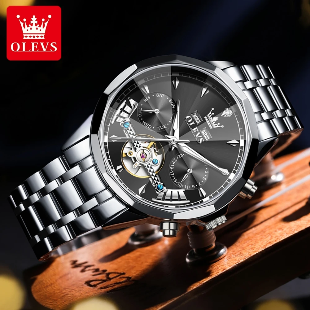 OLEVS 6619 Mechanical Watch For Men Auto Date Rhombus Mirror Hollow Luxury Man Watches Waterproof Luminous Fashion Wristwatch