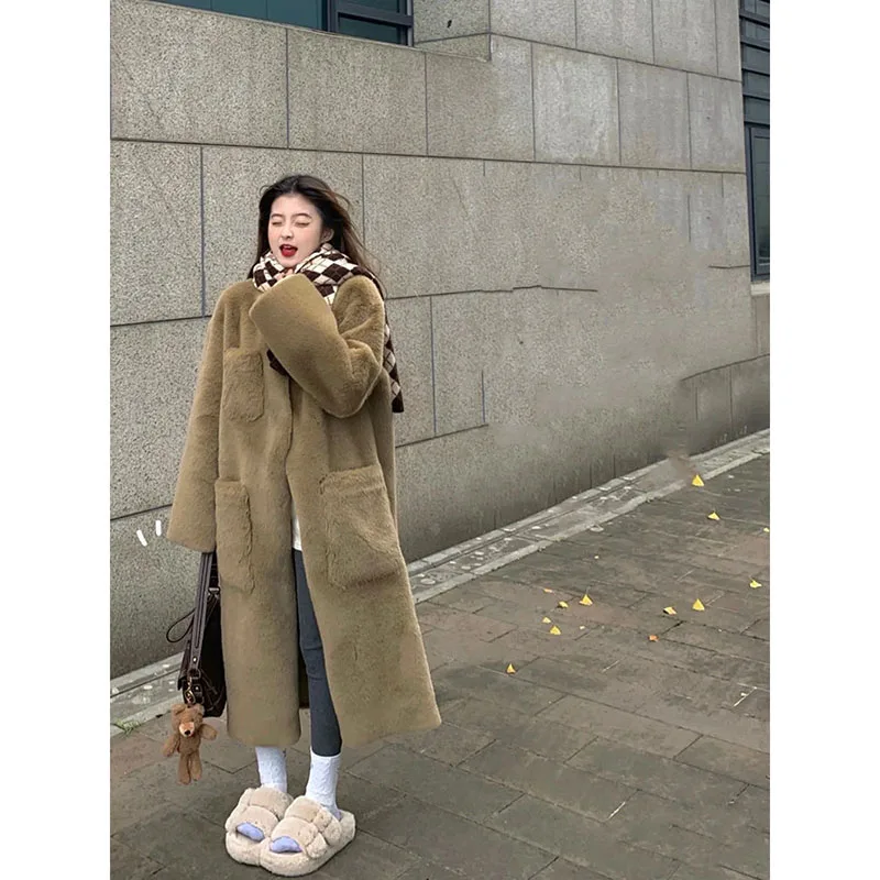 

Imitation Rex Rabbit Fur Grass Coat Women's Medium Long Winter New Korean Thickened Lamb Hair Stand Collar Plush Coat Fashion