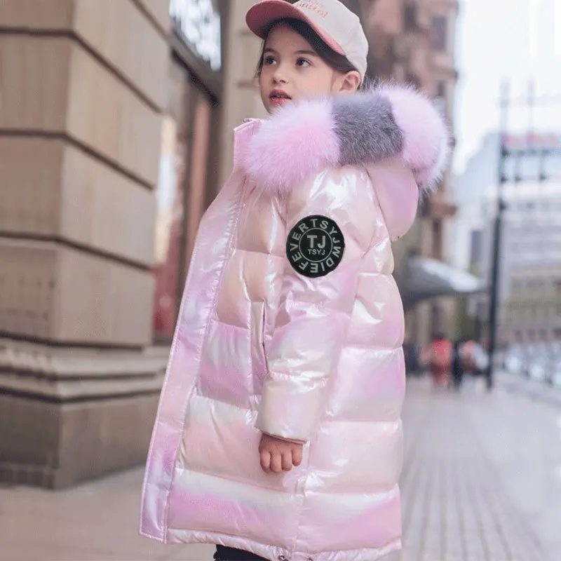Children Jackets 3-14 Years Old Winter Boys Girls Long Style Hooded Fur Collar Coat