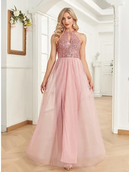 فستان سهرة أنيق ترتر للنساء 2025 عميق على شكل حرف v تول حفلة موسيقية حفل زفاف وردي طول الأرض فساتين كوكتيل