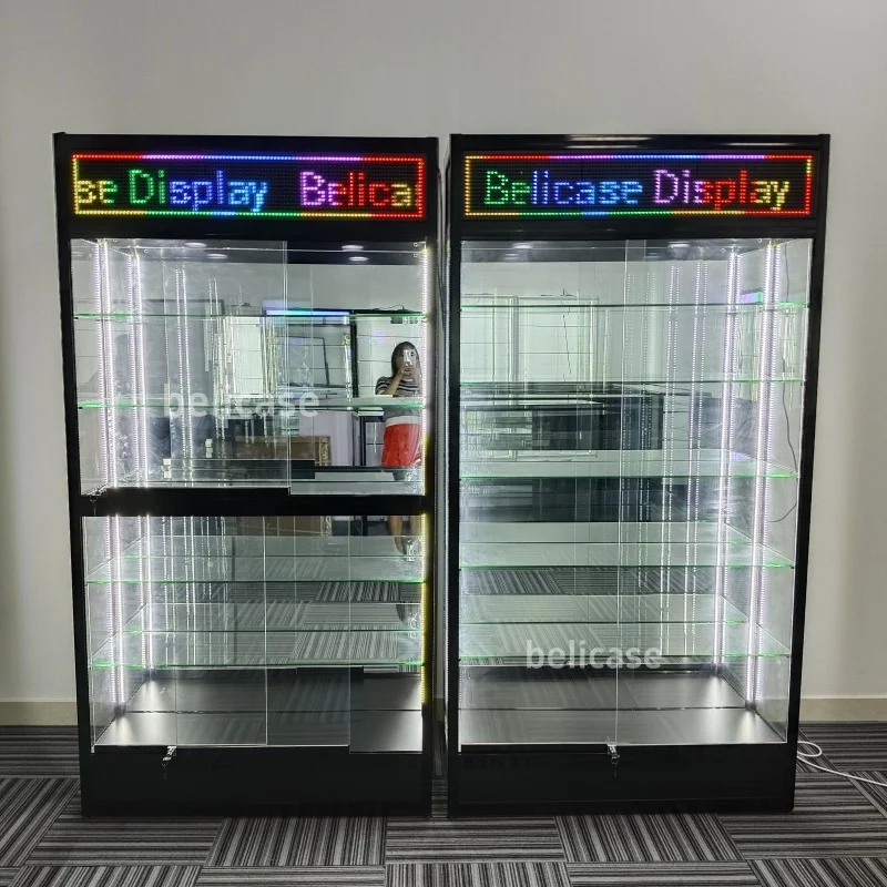 

Custom. Smoke Shop glass cabinet display with LED advertising board retail store glass showcase for Smoke Shop