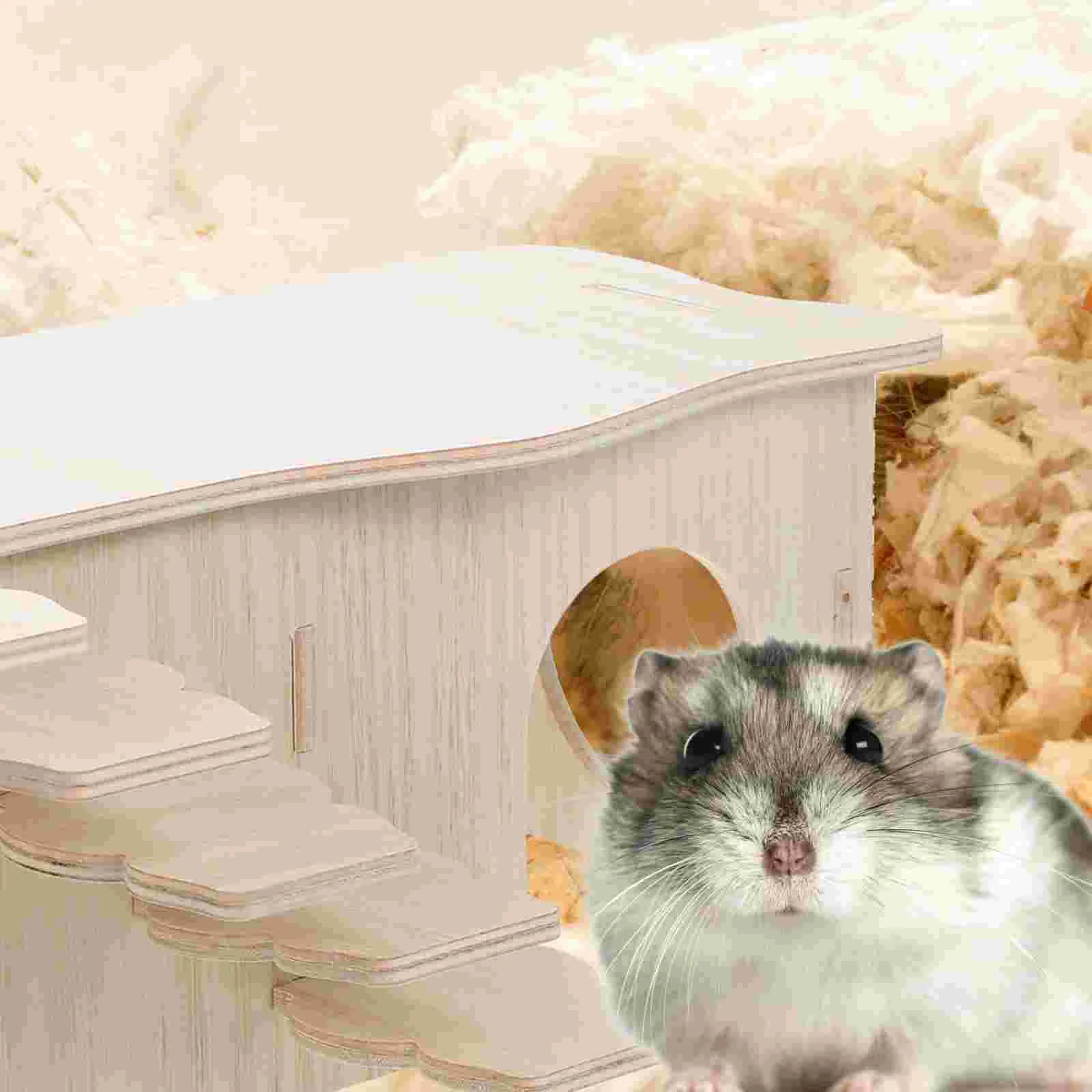 Hamster House Hideout Mouse Wooden Habitat Toys with Ladder Guinea Pig Hiding Supply Multifunctional Place - Image 3