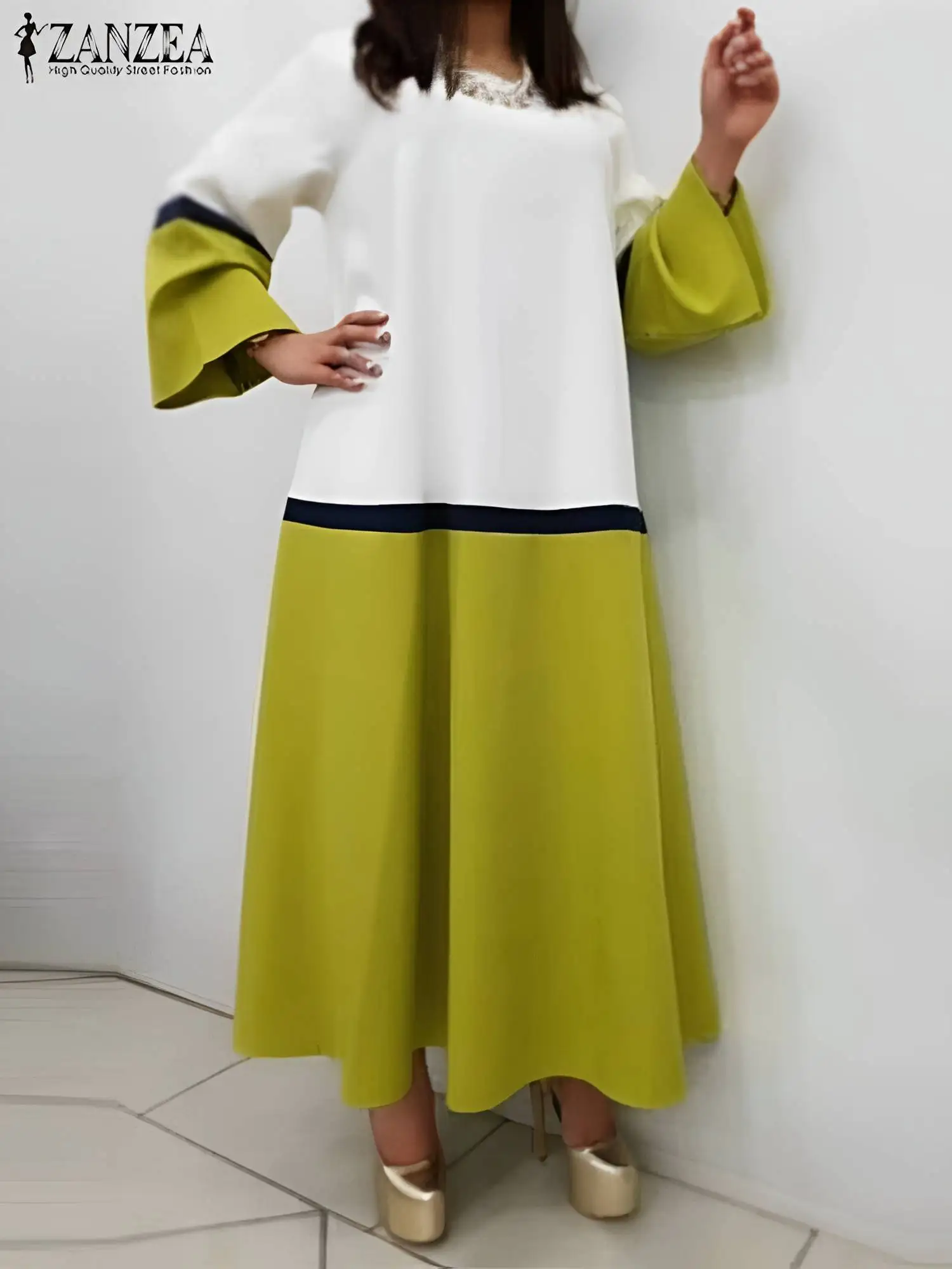 

Платье ZANZEA женское длинное с цветными блоками, свободный сарафан с круглым вырезом, модное весеннее лоскутное платье с длинным рукавом, повседневное пляжное длинное платье, 2024