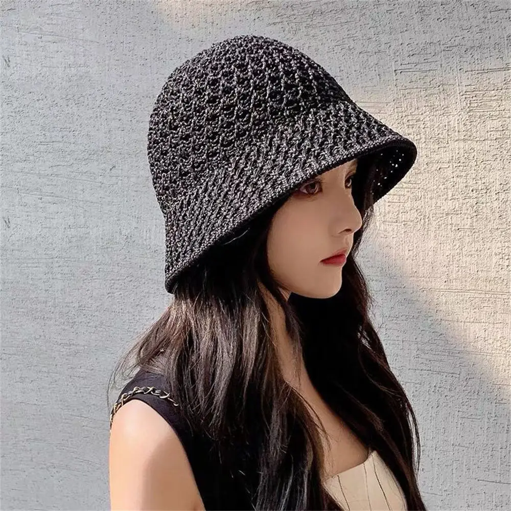 Solid Handmade Crochet Floppy Top Summer Hats For Women Hollow Out Knit Dome Bucket Hat Wide Brim Foldable Beach Caps