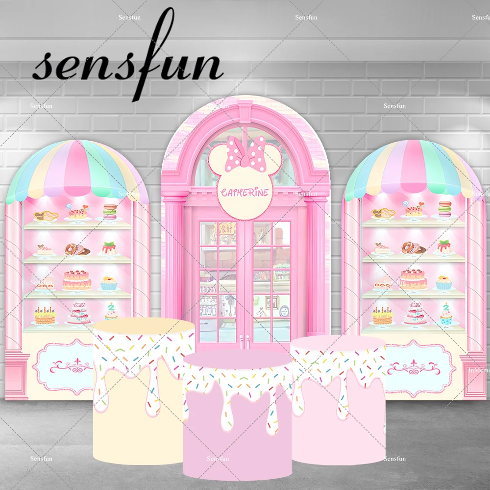 

Pink Minnie Head Cake Dessert Shop Arch Backdrop Cover for Girls Newborn Baby Shower 1st Birthday Party Chiara Wall Backgrounds