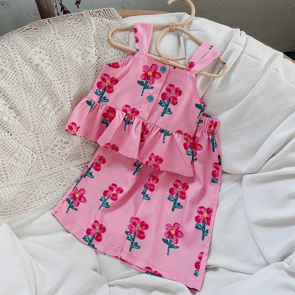 

2 Piece Set Todder Kids Baby Girls Clothes Set Flower Top Vest Pants Set Cute Sweet Floral Beach Summer Outfits Suit Skirt Sets