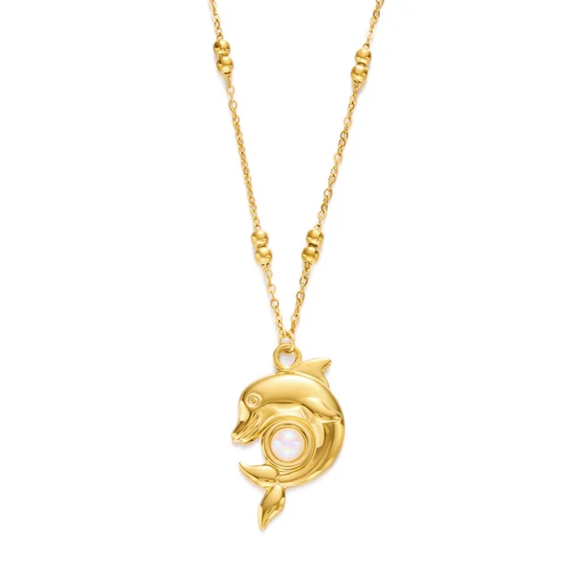 Stainless Steel Inlaid Imitation Pearl Dolphin Pendant Necklace For Women Men Fashion Metal Sea Animal Fish Choker Party Jewelry