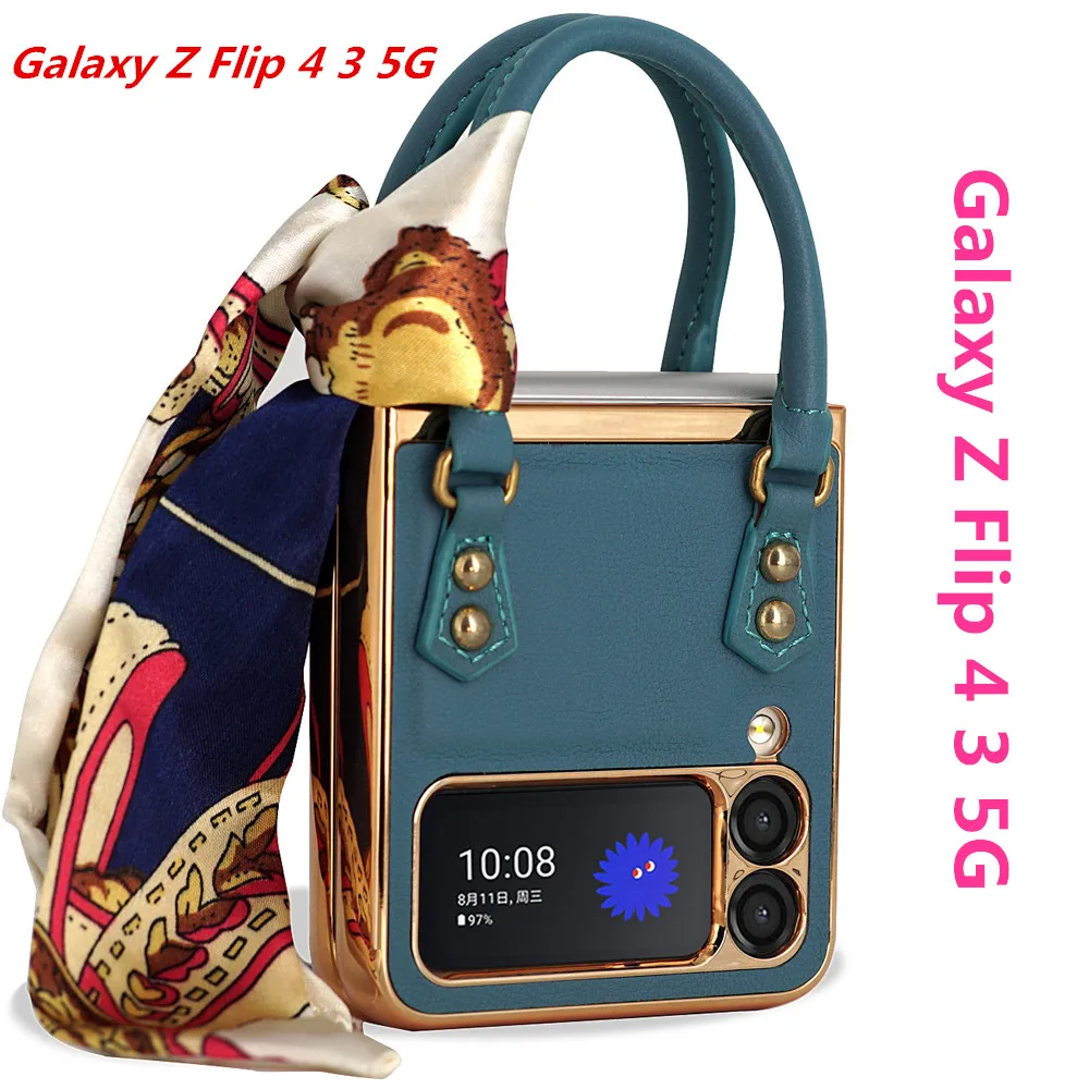 

Deluxe Luxury Fashion Woman Leather Handbag Case For Samsung Galaxy Z Flip4 Flip3 Flip 4 3 rivet Hand bag Cover