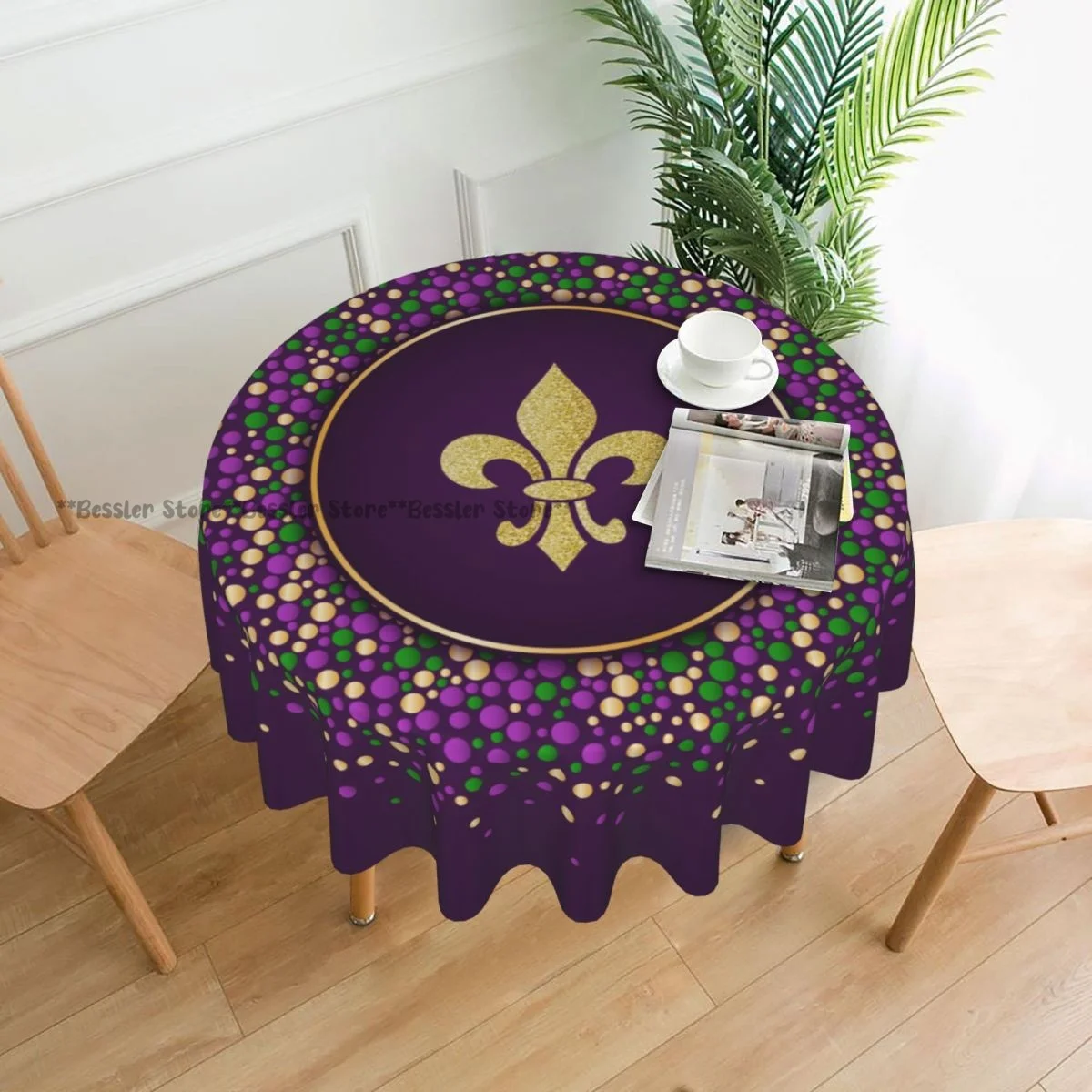 

Mardi Gras Dotted Frame With Fleur De Lis Round Table Cloth Polyester Kitchen Tablecloth Decorative Elegant Fabric Table Cover