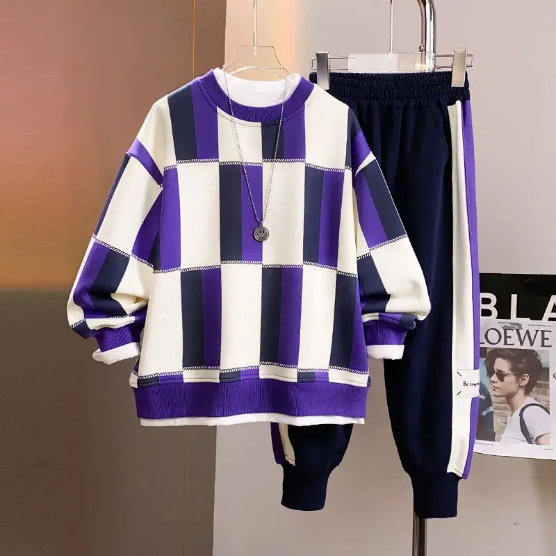 

Autumn Boys Sweatshirt Suit Thickened Children's Fashion Plaid Casual Top + Sweatpants 2 Pieces Junior Spring Clothes Trend