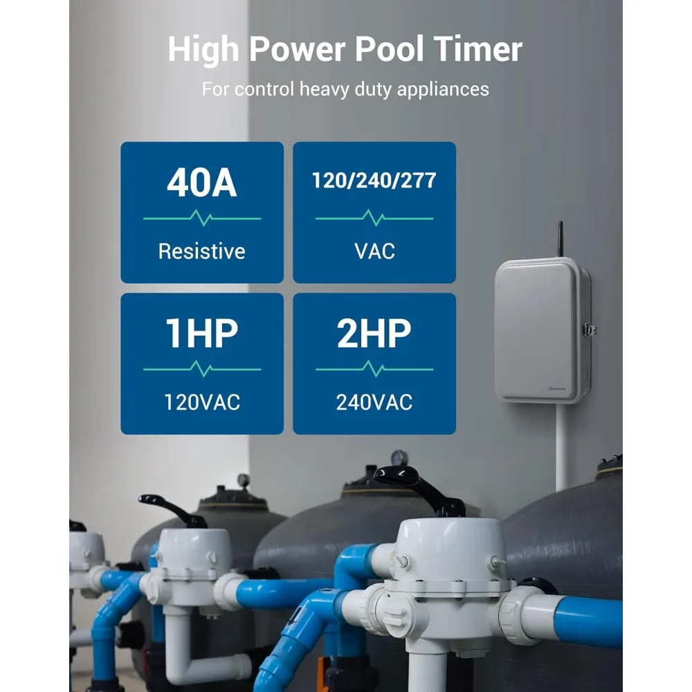 Pool Pump Timer, Outdoor Wi-Fi Box, Heavy Duty 40A 120-277 VAC 2HP Wireless Controller Timer, Water Heater 4