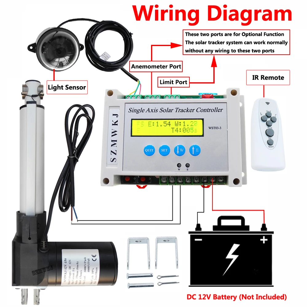 Auto-Tracking Single Axis LCD Solar Tracker Controller &18" Stroke 6000N Linear Actuator for Solar Panel Sunlight Track System