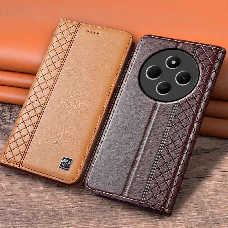 Luxury Genuine Leather Flip Case with Magnetic Closure and Card Pocket Wallet - Grid Pattern Cover