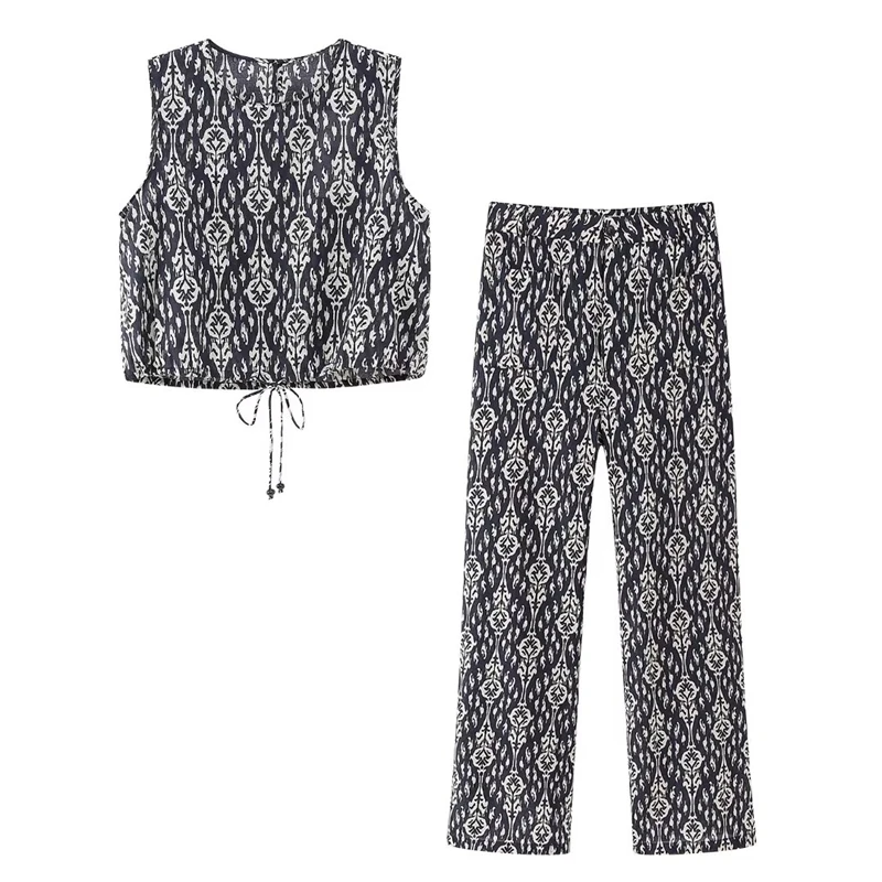 

Summer New Bowknot Printed Short Vest Top High Waist Loose Straight Pants Suit For Women‘s