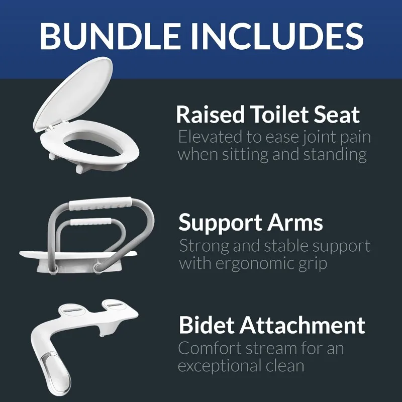 Assurance 3" Raised Toilet Seat with Handles and Bidet Attachment, Clean Shield Guard, Secure Hinges, Elongated, White 3