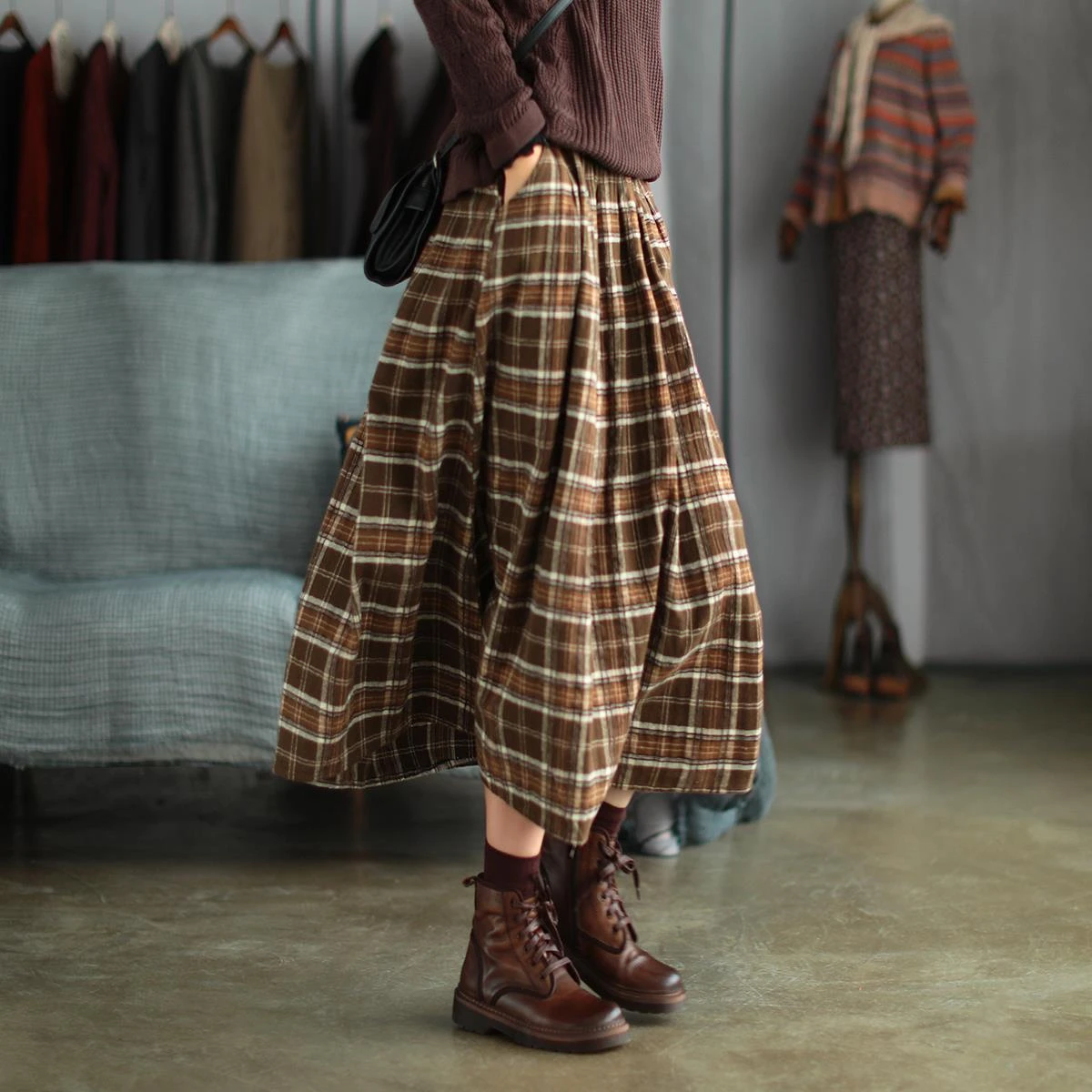 Women Skirt Spring Winter Retro Loose All-match Tops Ladies New Elastic Waist pocket Plaid Vintage Skirt FT826 skorts for women