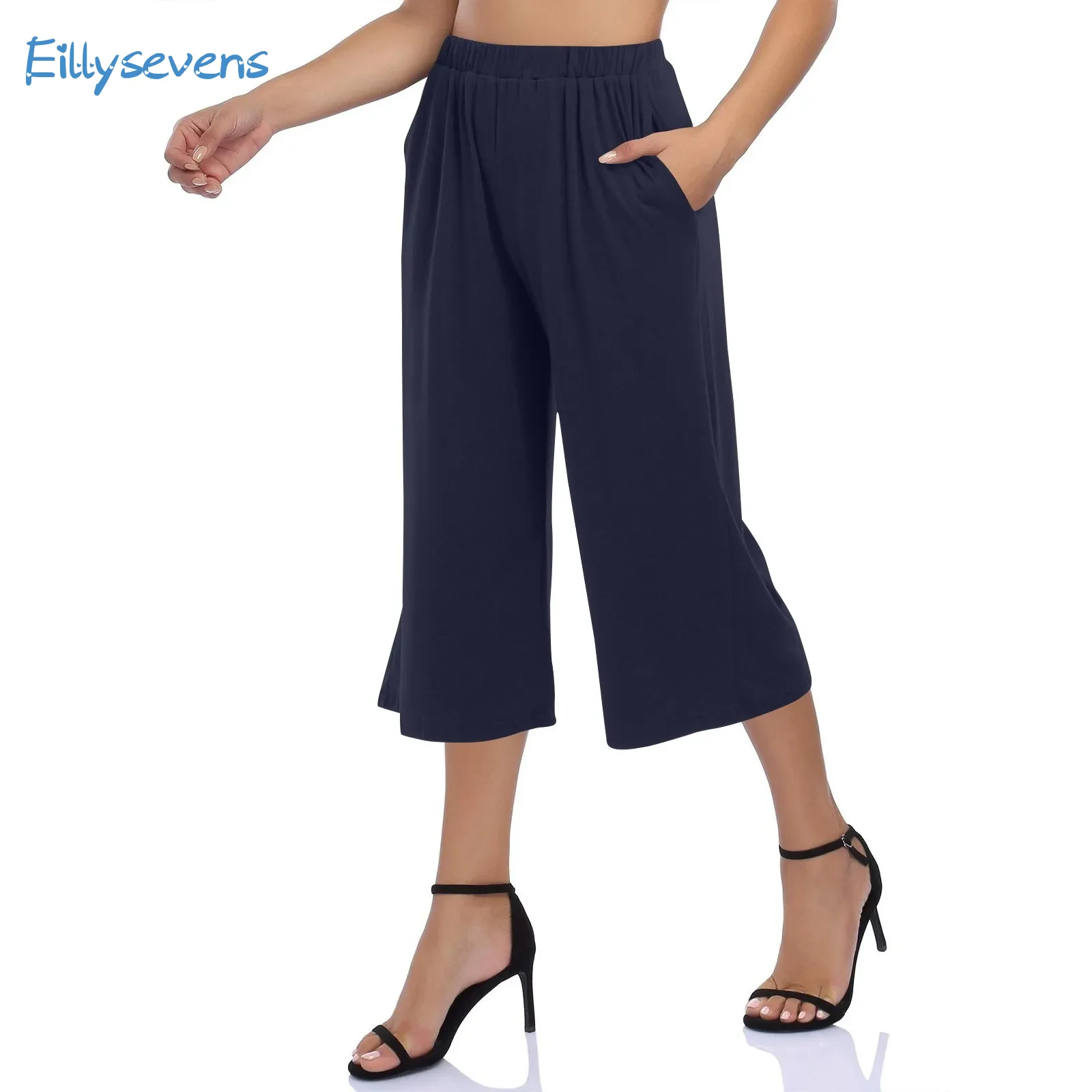 

Summer New Cropped Pants Classic Simple Solid Color Comfortable Loose Elastic Waist Straight Wide Leg Pants Daily Casual Capris