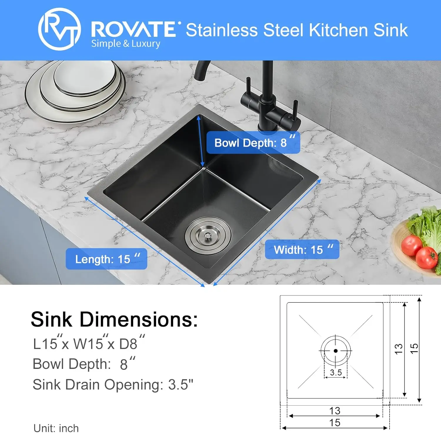ROVATE 15x15 inch Black Bar Sink Undermount Black Nano Kitchen Sink Single Bowl T-304 Stainless Steel Sink with  Basket Strainer 2