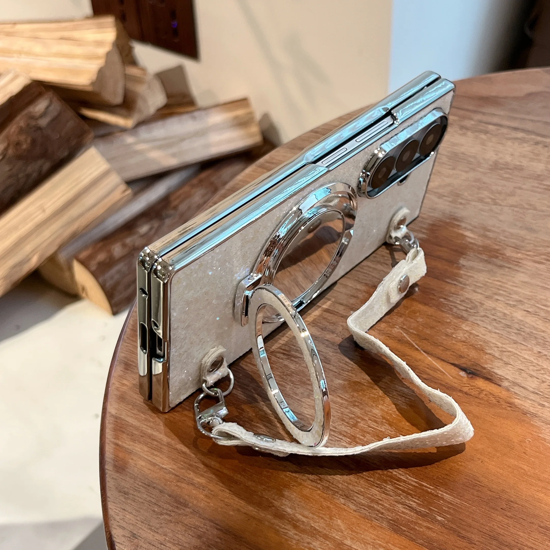 Shiny Silver Magnetic Phone Case For Samsung Z Fold With Lanyard_voghion.com