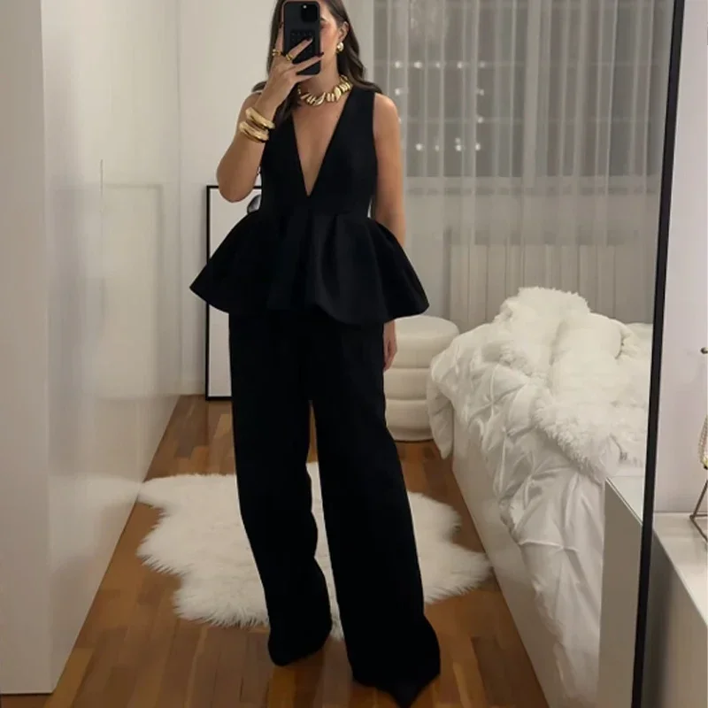 Black Elegant Pant Suit Women V-neck Sleeveless Ruffles Tank Tops Loose Trouser Female 2 Pieces 2025 Fashion Lady Outfits New