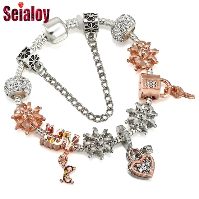 Seialoy Pink Heart Lock Key Charm Bracelets For Women Original Round  Crystal Glass Beaded Bracelet Bangle Fashion Jewelry Gifts