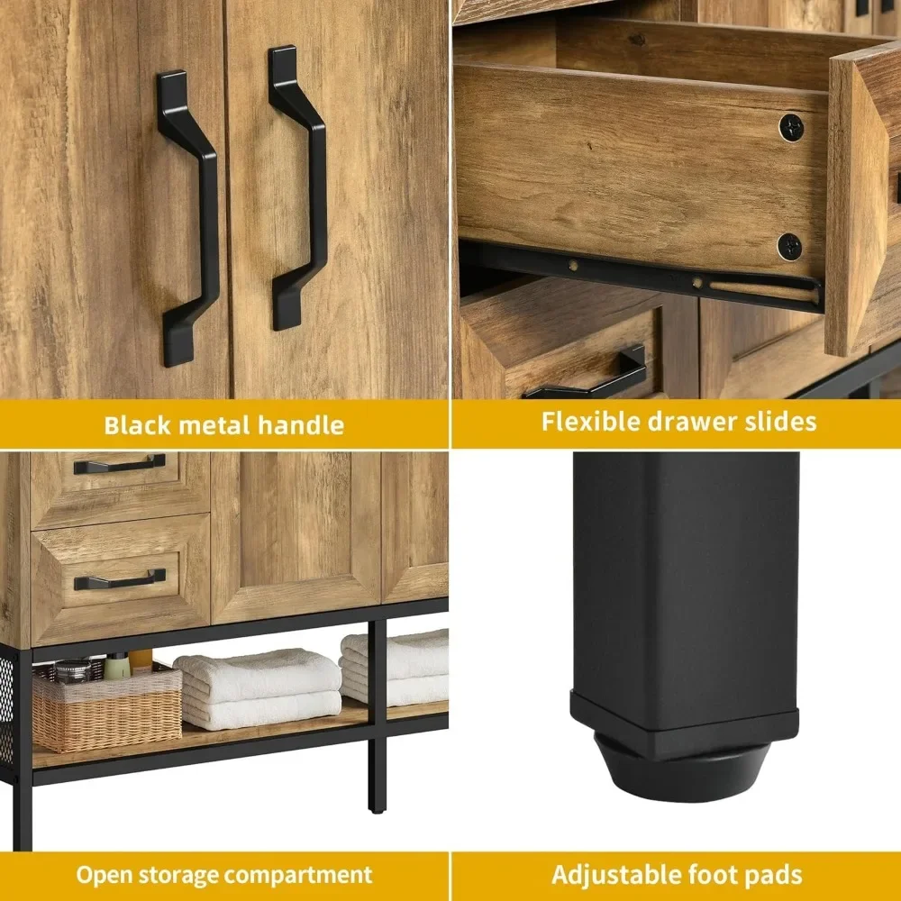 48" Double Rustic Bathroom Vanity, with Double Sink and Drawers Side Cabinet Combo Set & Shelf,Boat Tempered Glass Vessel Sink 5