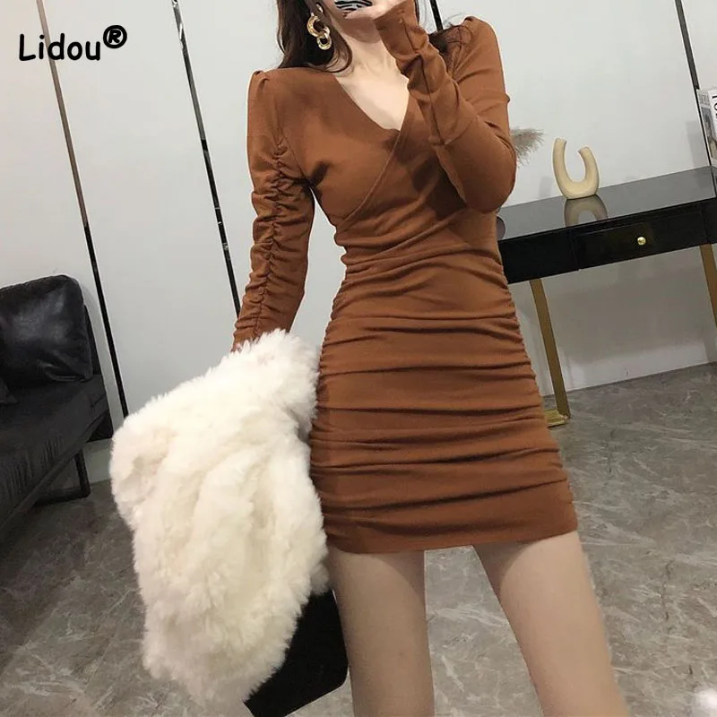 

Women's Clothing Korean All-match V-Neck Sexy Solid Color Bag Hip Dress Fashion Skinny Long Sleeve Folds Mini Dresses for Female