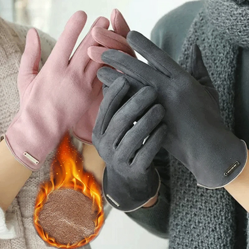 Fashion Winter Velvet Gloves Women Winter Thicken Plush TouchScreen Warm Deerskin Gloves Outdoor Five Finger Wrist Mittens