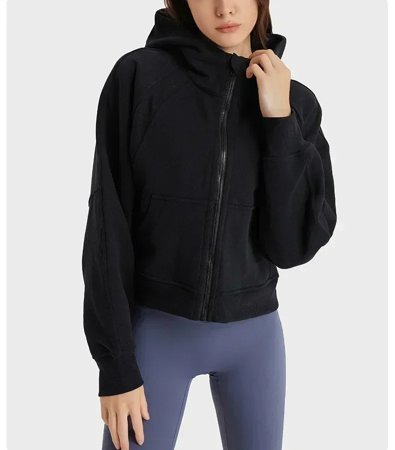 Lemon Autumn Winter Warm Windproof SCUBA Women's Yoga Solid Sports Pullover Hooded Sweater Plush Outdoor Loose Easy Fashion Add