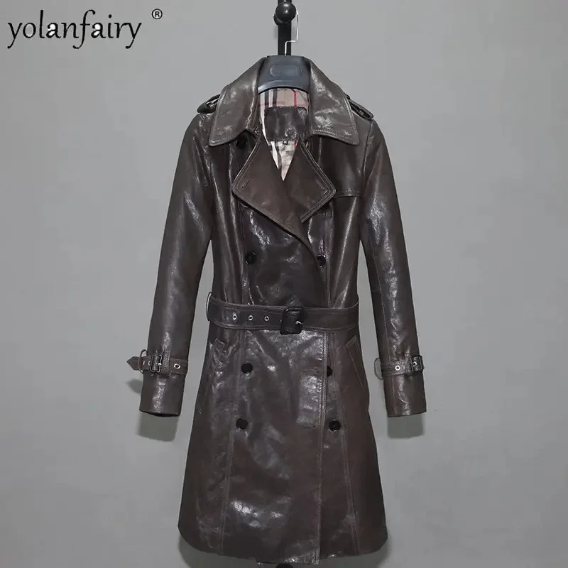 

Genuine Leather Jacket Women Vintage Trench Coat Female Retro Plant Tanned Natural Sheepskin Midi Long Brown Chaquetas