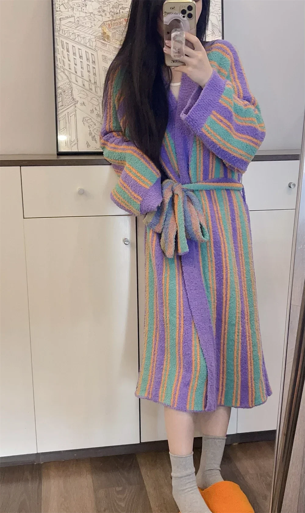 Coral Fleece Contrast Color Striped Robes Lace Up Long Sleeved Cute Nightgown Loose Bathrobe Soft Home Clothing Purple