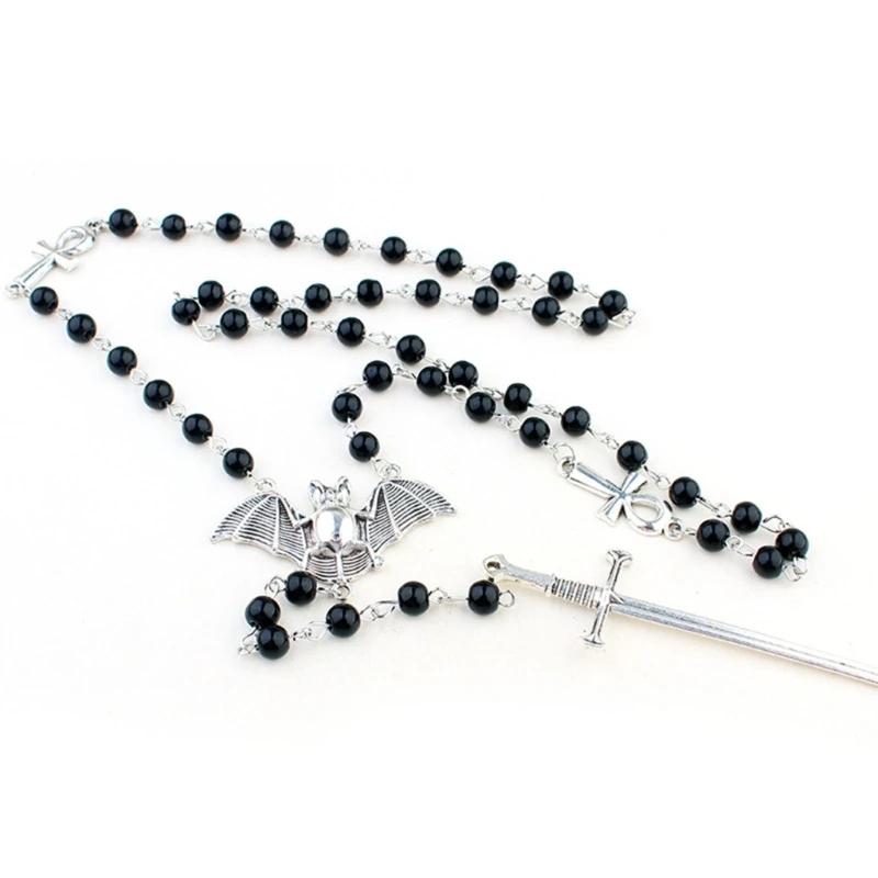 

Ankh Cross Bat Pendant Necklace Goth Long Rosary Beaded Necklace Halloween Jewelry Y2k Punk Sweater Chain Necklace 57BD