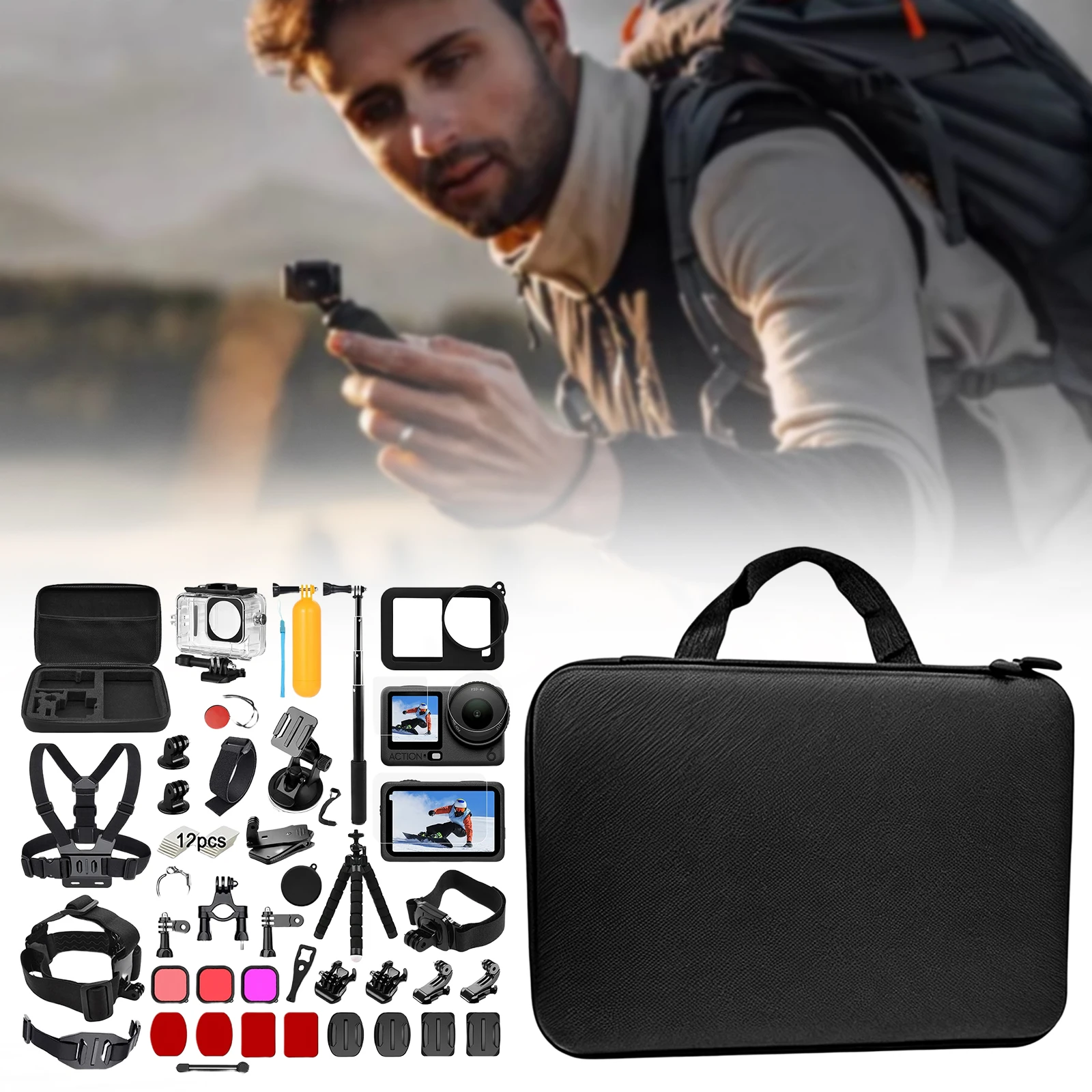 Kit di accessori per action camera per DJI Osmo Action 6, kit di accessori essenziali con custodia impermeabile e copertura protettiva per l'obiettivo - immagine 3