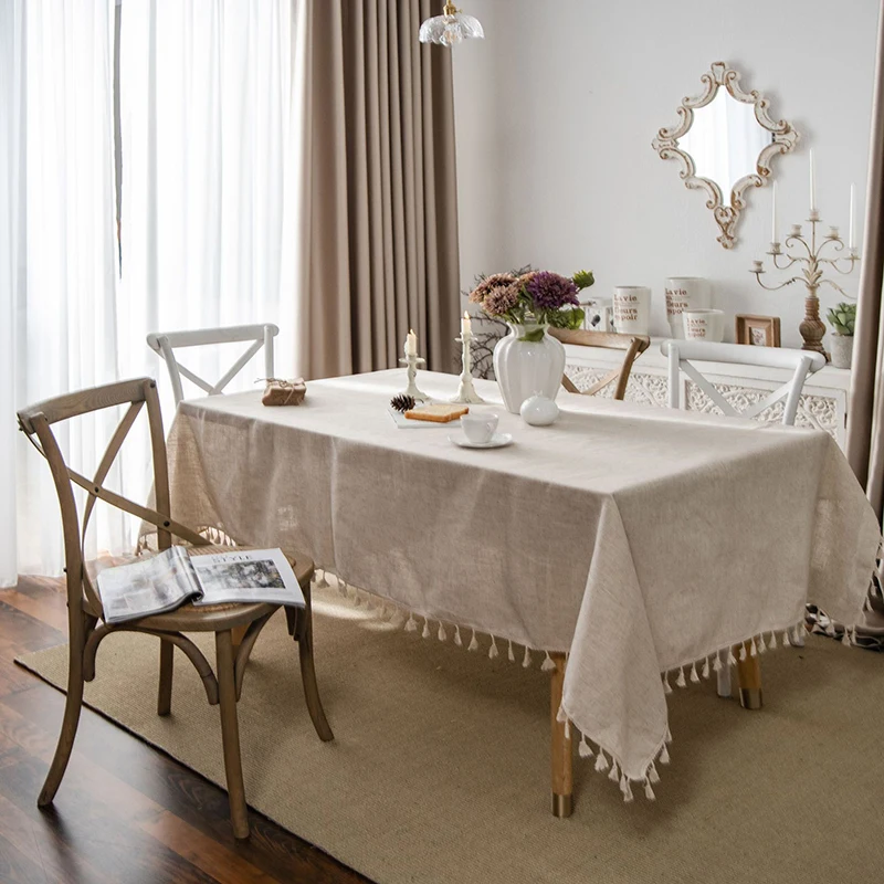 

60-300cm Rectangle Tassels Edge Table Cloth Aesthetic Concise Linen Kitchen Decorative Cover Picnic Mat Shooting Background