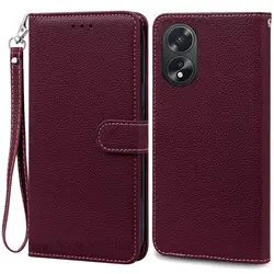 Leather Flip Wallet Phone Case with Silicone Cover - Elegant Design for Oppo A38 4G CPH2579 (Wine Red - Strap)