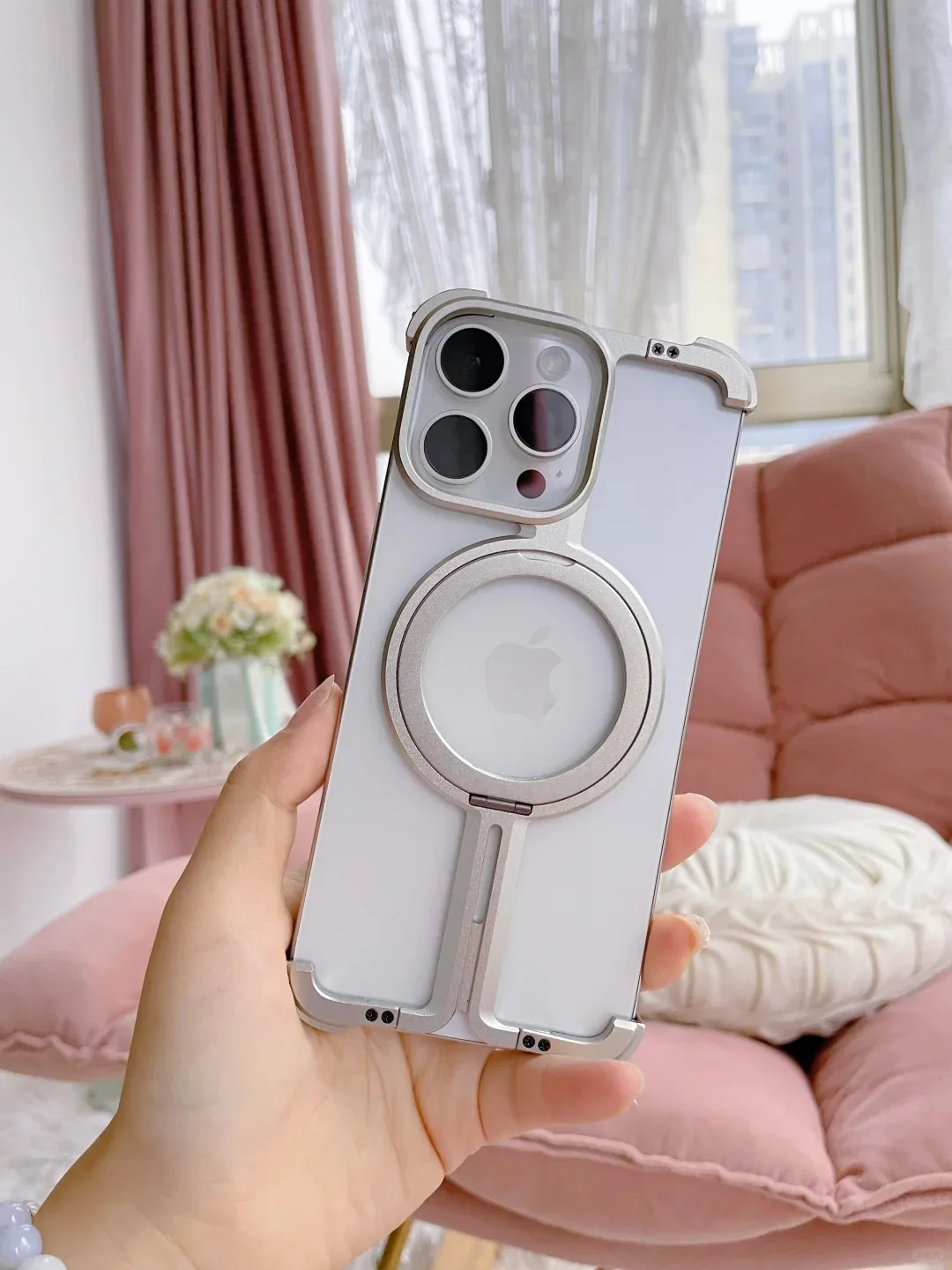 Metal Frameless Magnetic Holder Phone Case For iPhone 12 13 14 15 Pro Max Plus Magsafe Aviation Grade Aluminum Alloy Anti-fall