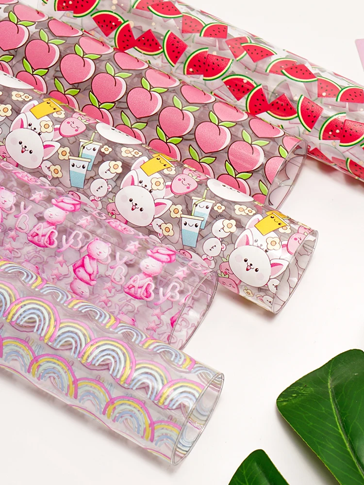 Transparent PVC Faux Leather Sheets Vinyl Fruits Dream Jelly Fabric for Bow Craft Cover DIY 22*30CM