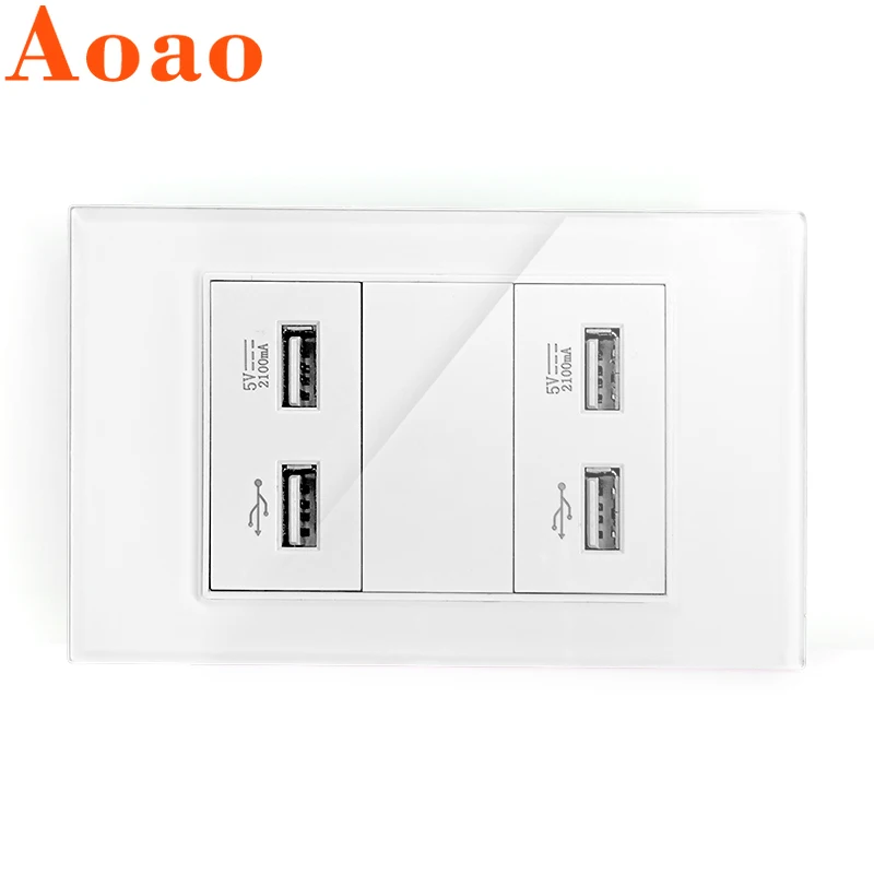 

Four USB ports USB socket 5V 2.1A fast charging tempered glass panel AC110V-240V home wall 4USB port socket