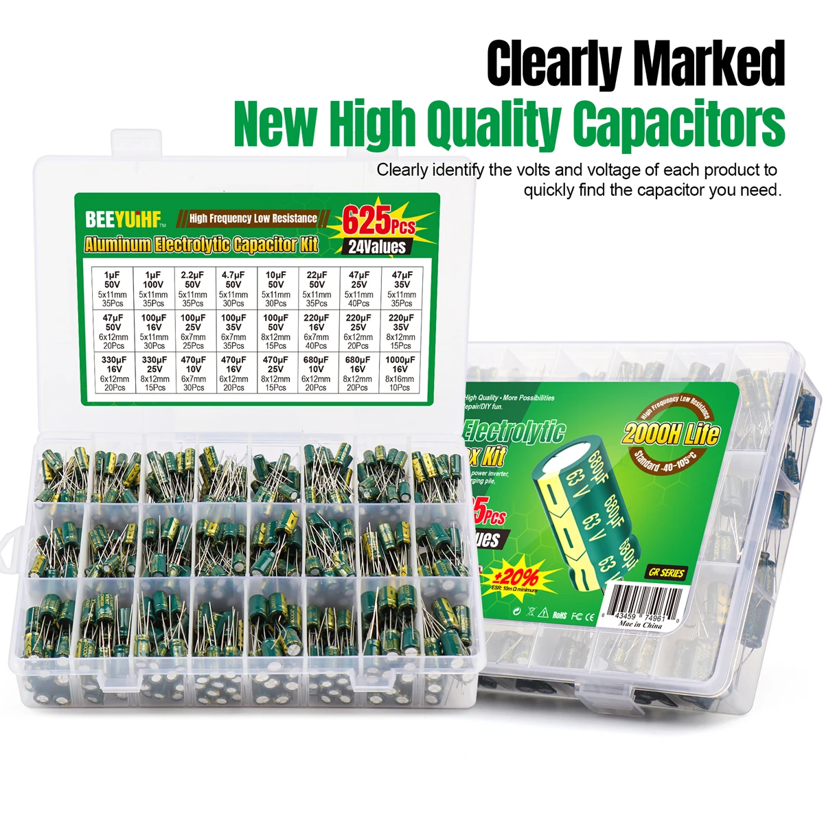 625Pcs 24Values Aluminum Electrolytic Capacitor Kit 10V-100V 1F-1000uF Capacitors Box Assortment Kit Aluminum Electrolytic Capacitor