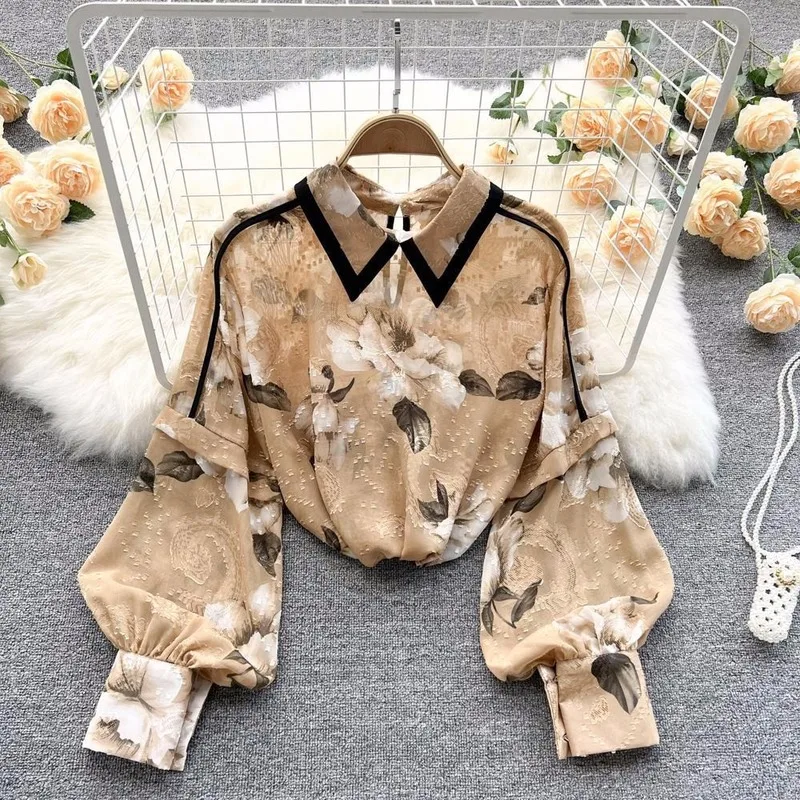 

Шифоновая женская рубашка, новинка весны 2023, женская рубашка, дизайнерская Повседневная универсальная блузка с принтом и рукавами-фонариками, Женский Топ