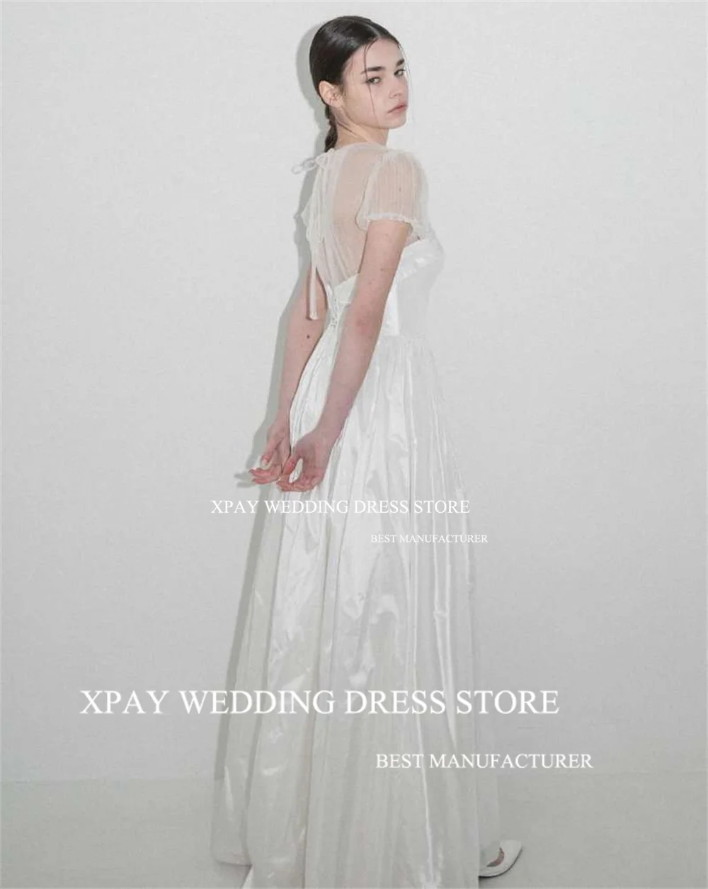 XPAY Illusion O Neck Korea Wedding Dresses Satin Sleeveless Backless Bridal Gown Short Sleeve A Line Bride Dress Photos Shoot 2