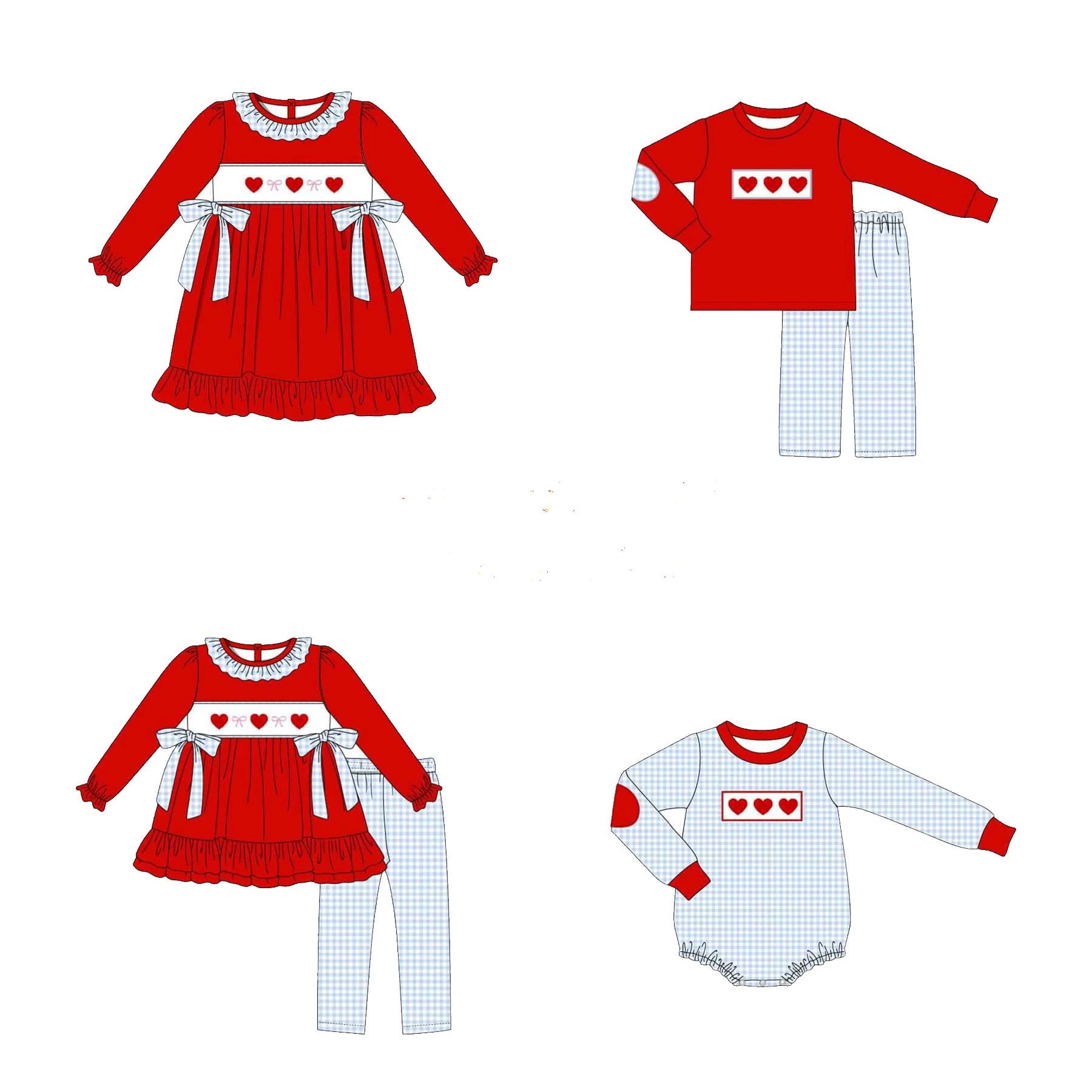 

Valentine's Day boutique kids clothing long-sleeved elastic love plaid trousers girl suit and dress boy long-sleeved baby romper
