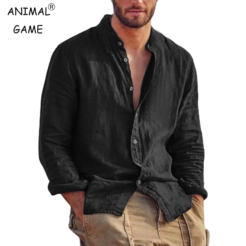 Sweat-shirt à manches longues pour hommes, chemise en lin de couleur unie, tendance, col montant, décontracté, léger, respirant, chemise hawaïenne