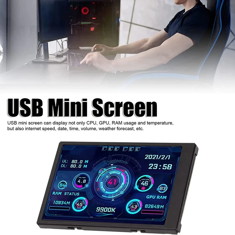 

PC Monitor,3.5 Inch IPS USB Mini Screen CPU Ram HDD Data Temperature Display 360 Degree Type C Screen For Computer Case