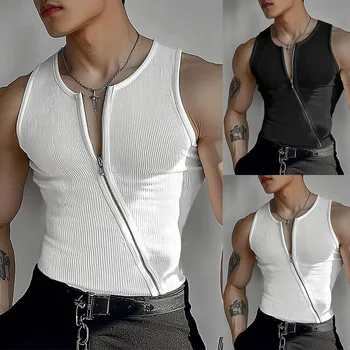 Canotta da uomo slim fit senza maniche, nuova collezione estiva, con zip obliqua integrale, tinta unita, stile nightclub.
