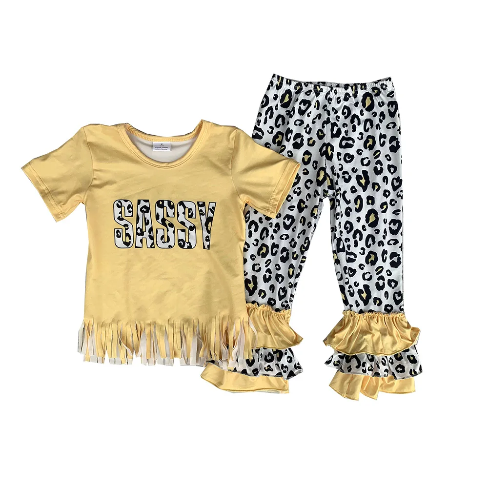 

New Girls Boutique Clothes Set Tassels short Sleeve Top Leopard Ruffle Bottom Outfits