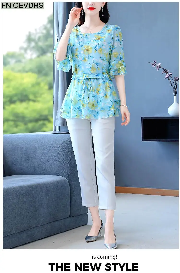 S-4XL Loose Clothes 2023 Women Summer Slim Waist Drawstring Ruffles Shirts Casual Chiffon Floral Tunic Peplum Tops And Blouses