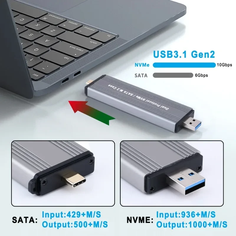 Hdd Enclosure External Hard Drive Housing M2 Ssd Enclosure External Solid State Drive NVME Case USB3.1 M.2 SSD Enclosure NVME To USB 3.1 TYPE-A + TYPE C 10Gbps Supports 2230 2242 M.2 SSD Box Laptop Phone PC